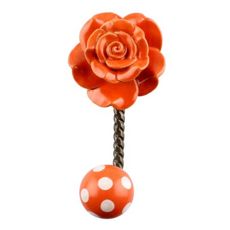 Orange Rose Flower Ceramic Wall Hook in Antique Fitting